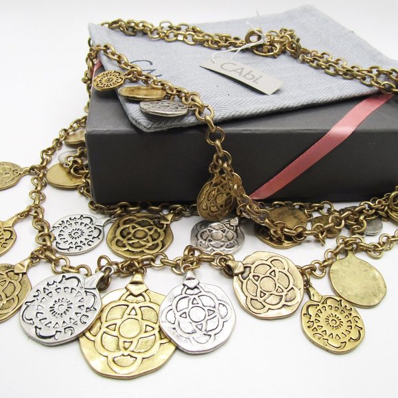 Vintage CAbi Coin Necklace Gold Silver Triple Strand Layered Statement Bib NWT - Picture 3 of 4